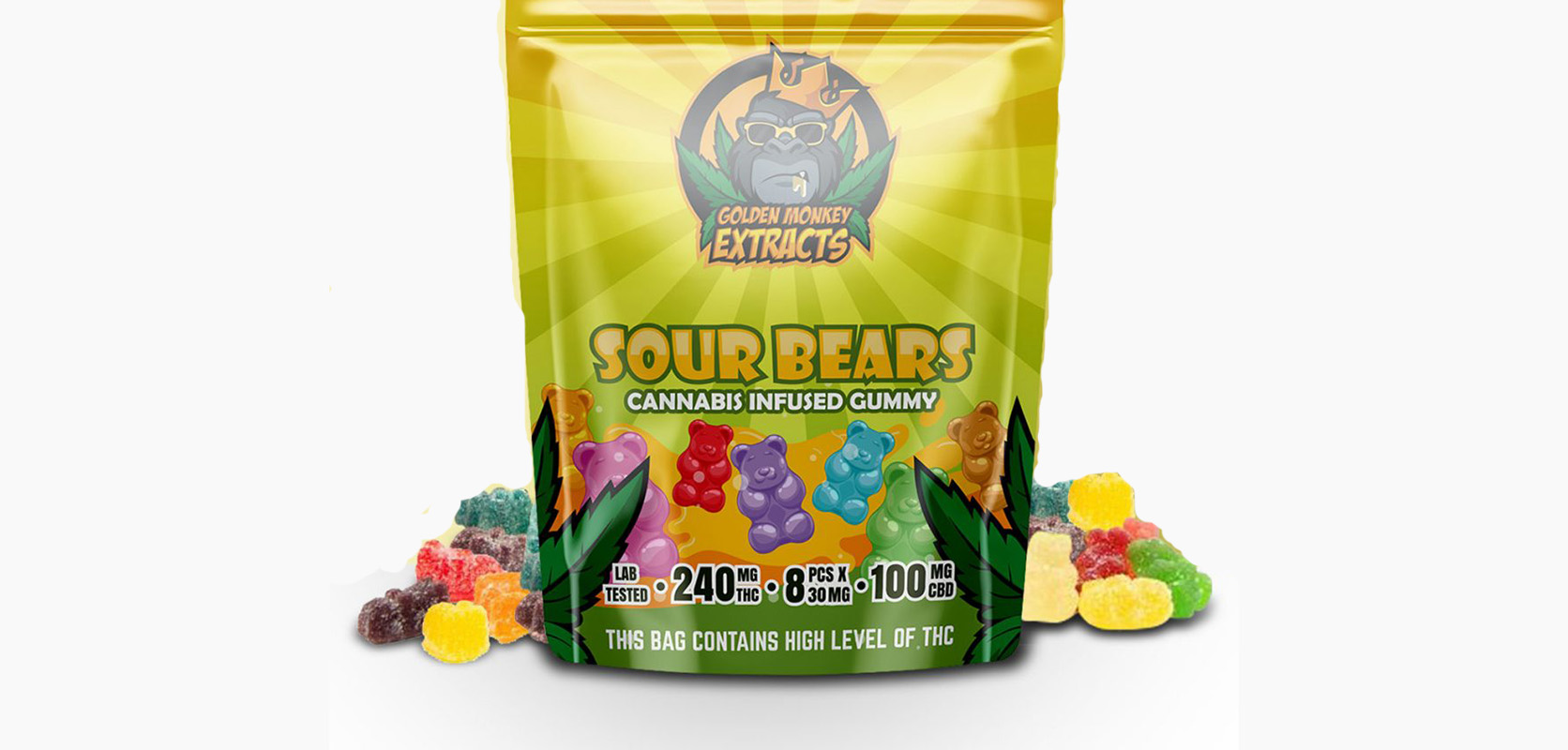 Golden Monkey Extracts Sour Gummy Bears 240mg THC.