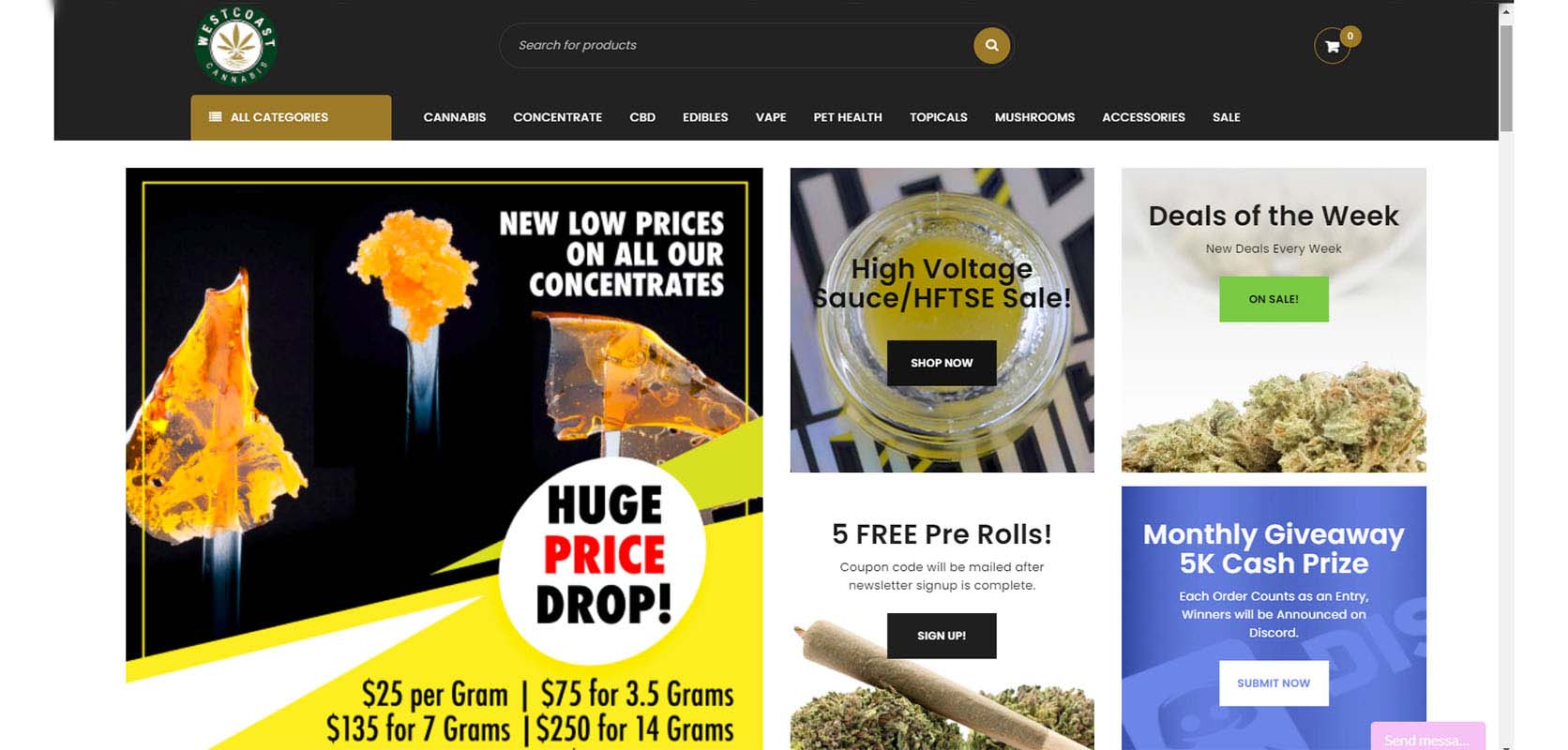 Image of the homepage for West Coast Cannabis. mail order marijuana online dispensary to buy weed online in Canada.