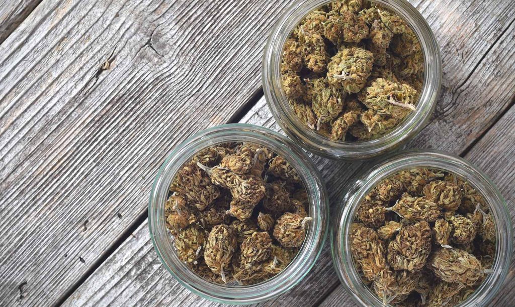 Budget Buds in glass jars from BC cannabis online dispensary in Canada.