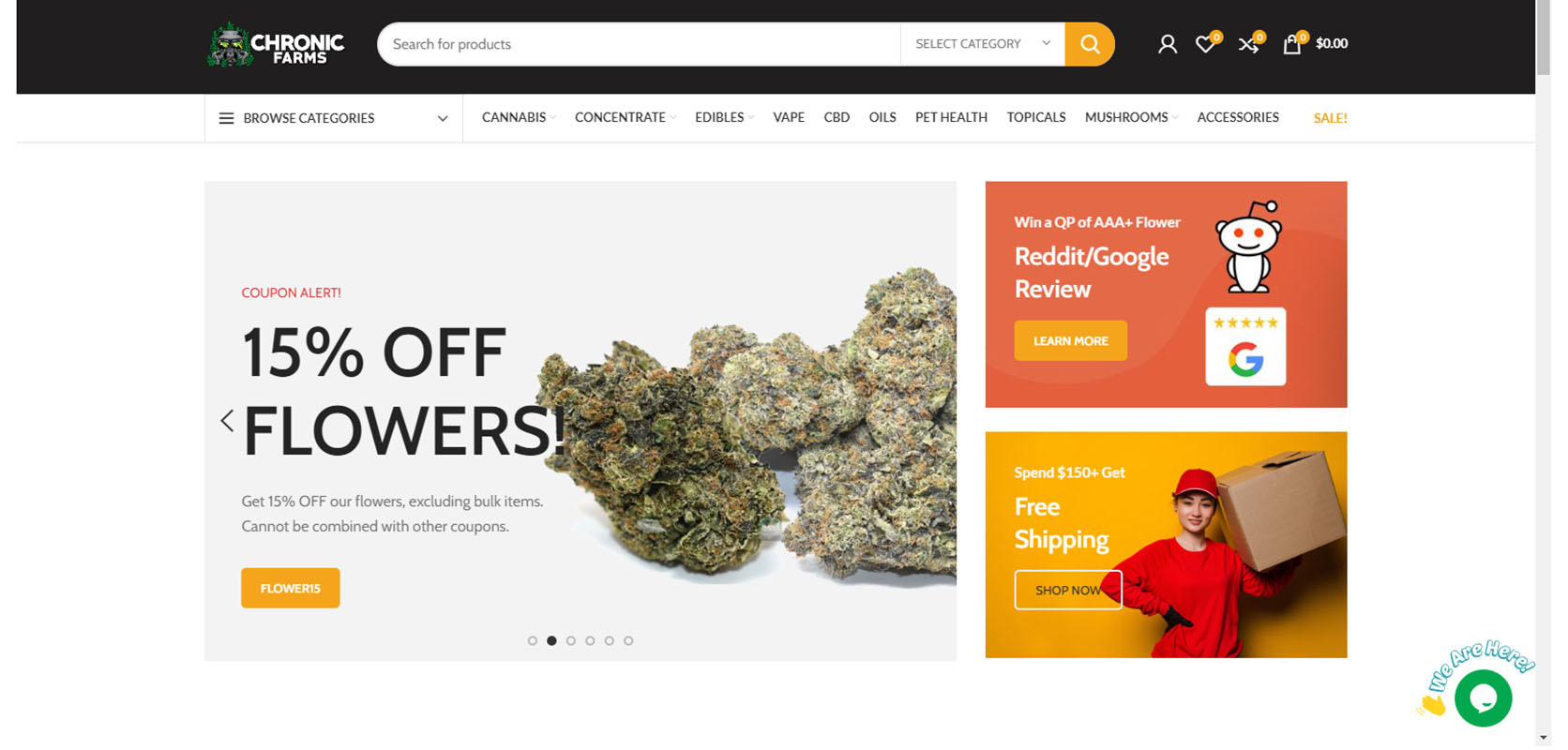 Homepage screenshot from Chronic Farms Online Dispensary Canada. Buy weed online. Fast weed delivery Canada. Mail order marijuana value buds.