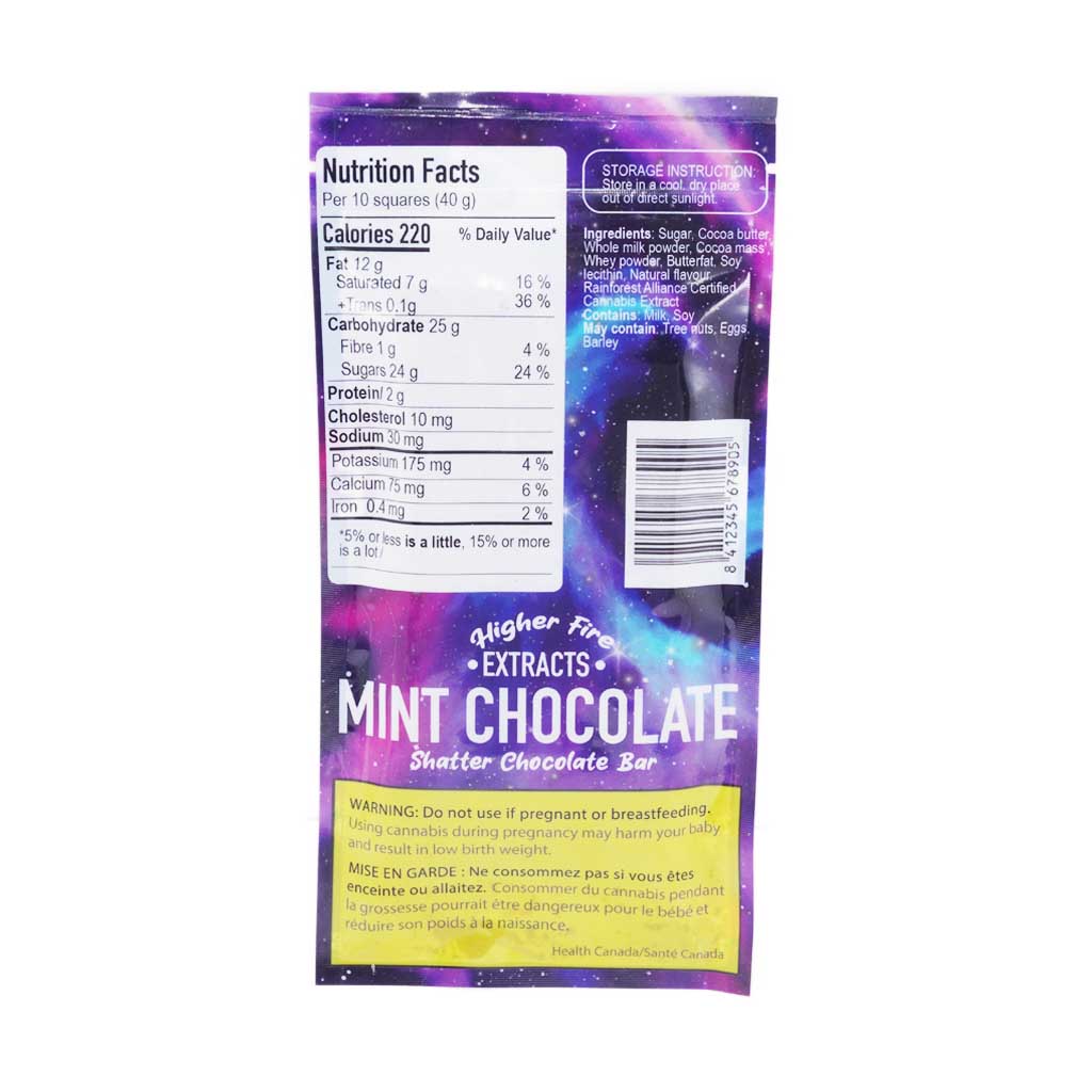 Buy Higher Fire Extracts – Shatter Chocolate Bar – Mint 1000mg THC (Indica) online Canada