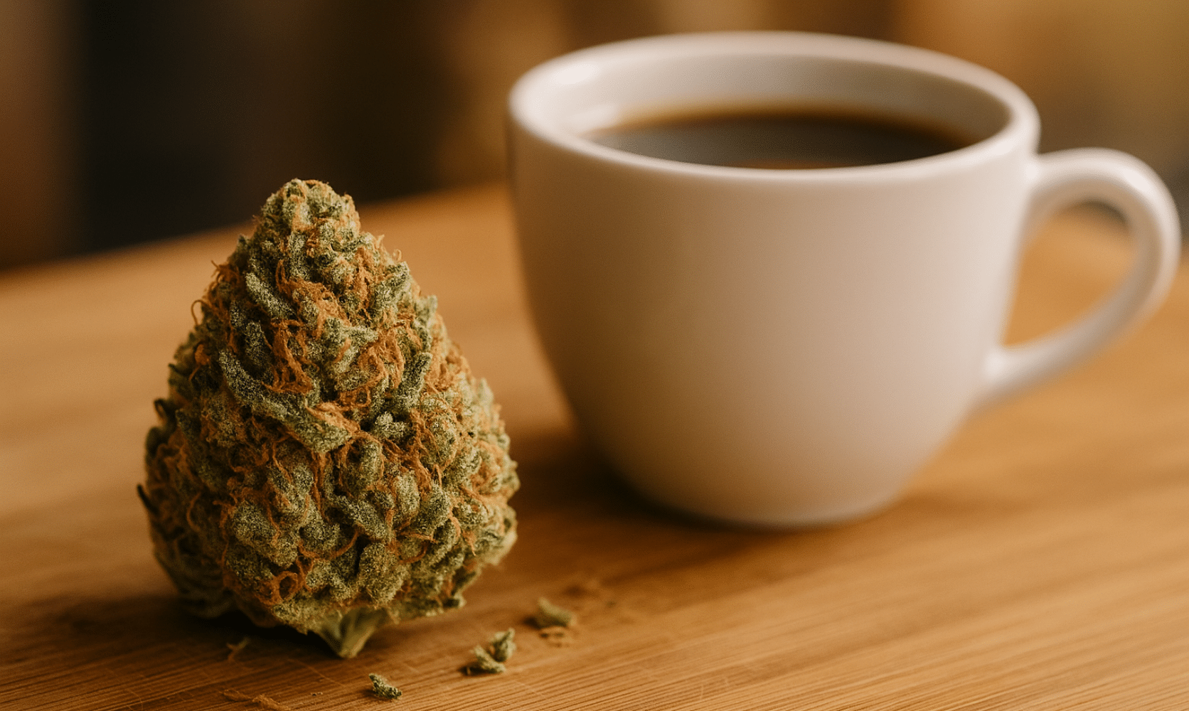 Amnesia Haze cannabis bud placed next to a steaming cup of black coffee, suggesting an energizing alternative to morning coffee
