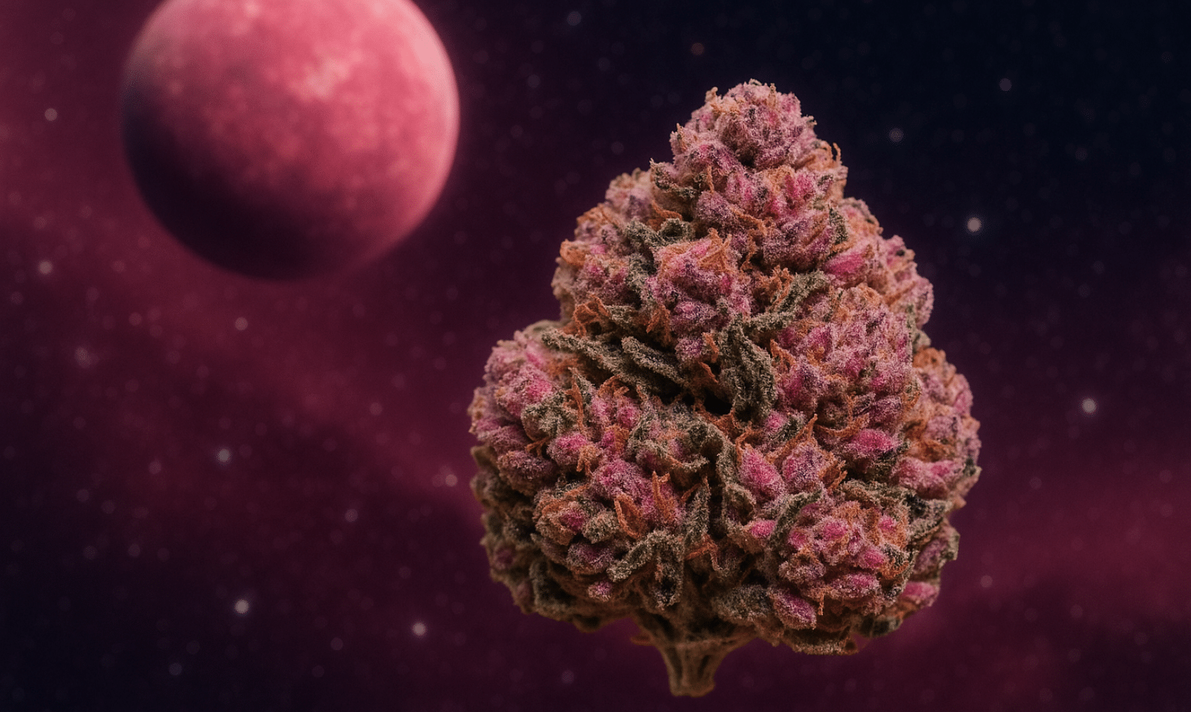 Vibrant Astro Pink cannabis bud with pink hues against a cosmic background
