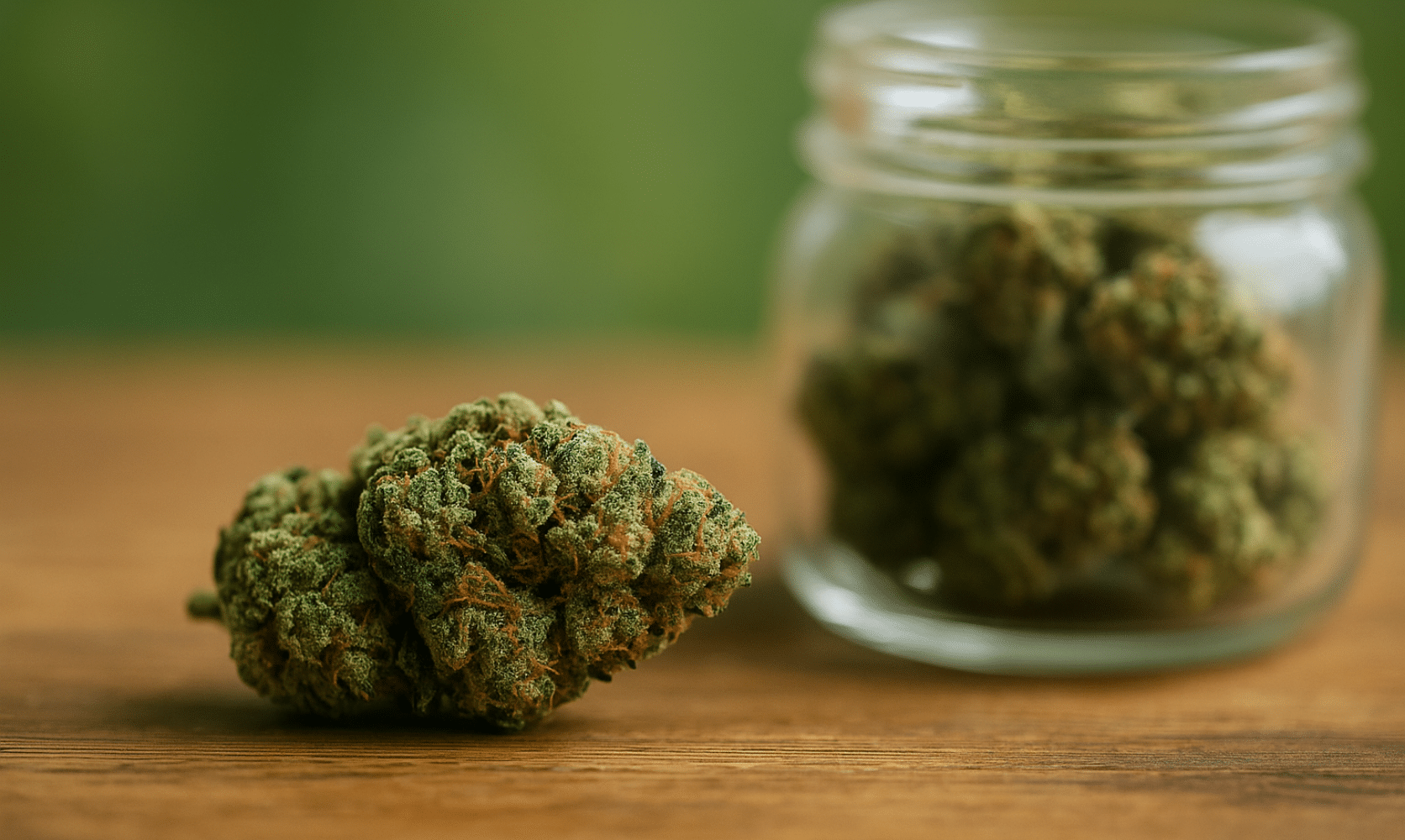 Northern Lights cannabis bud on a table with a jar of buds in the background