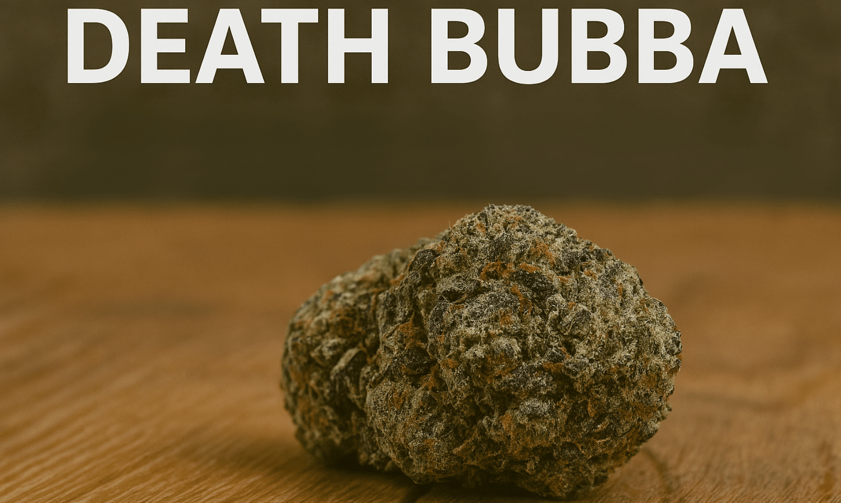 Close-up of Death Bubba cannabis bud with vibrant orange hairs and purple hues on a wooden surface