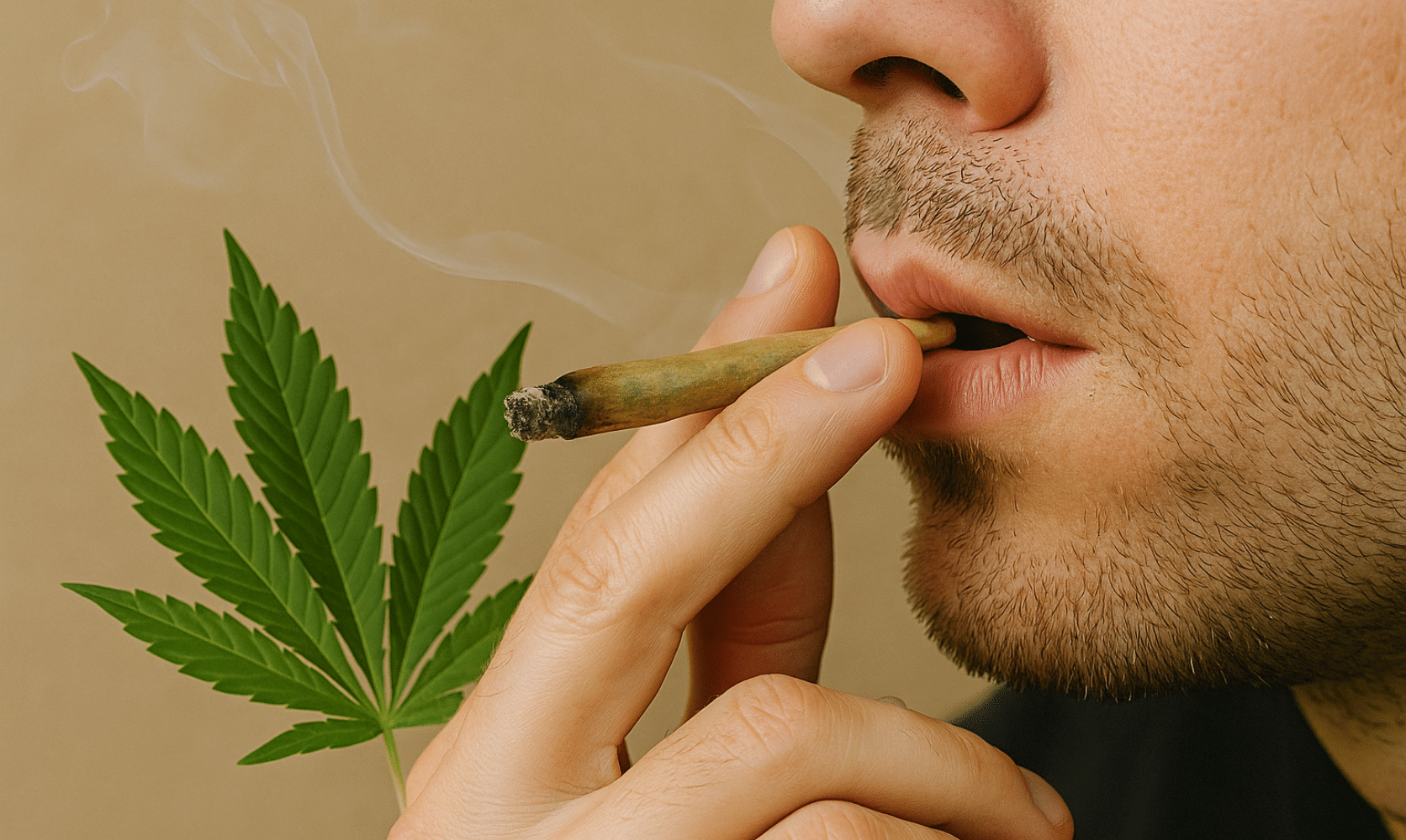 Man smoking a cannabis joint with visible smoke and a marijuana leaf in the background
