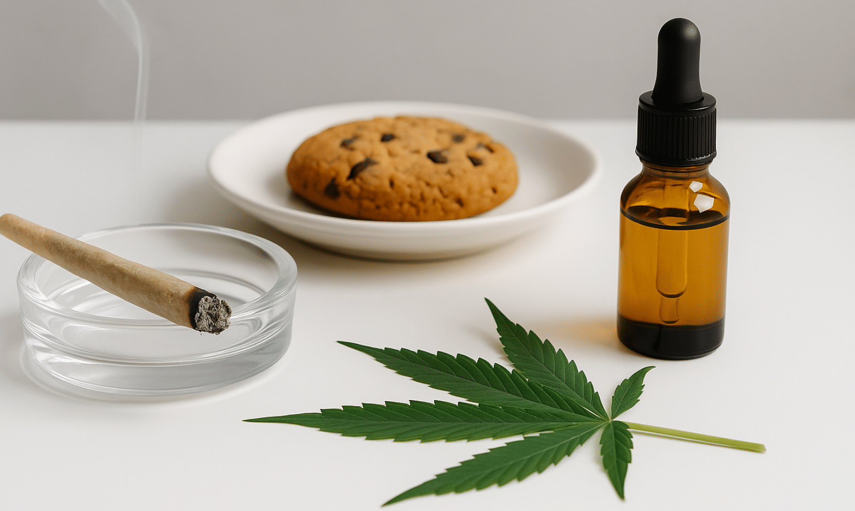 Cannabis consumption methods shown: a lit joint, edible cookie, cannabis oil, and a fresh cannabis leaf