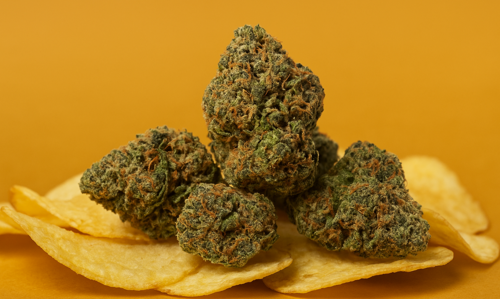 Comatose buds on potato chips, hinting at heavy effects and classic stoner munchies
