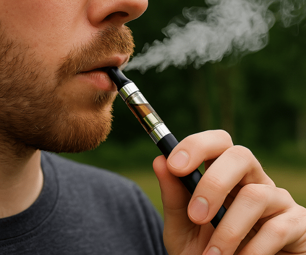 Man exhaling vapor while using a cannabis vape pen outdoors