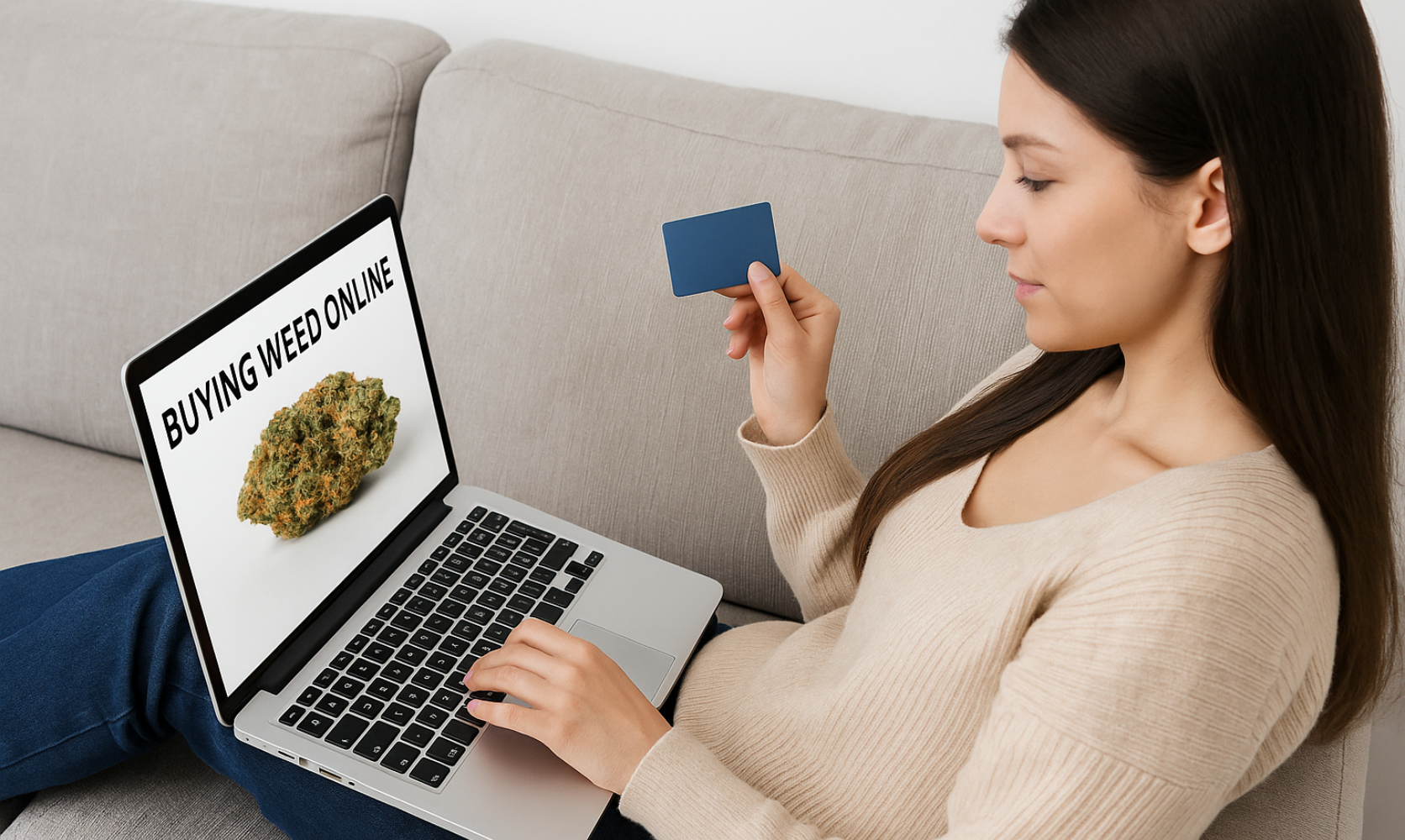 Woman buying weed online in Canada with a credit card, highlighting the ease of skipping traditional dispensaries