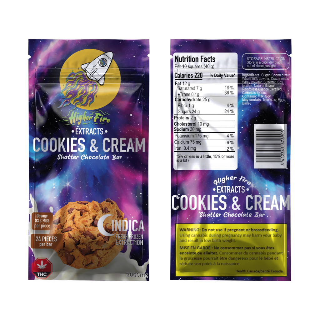 Buy Higher Fire Extracts – Shatter Chocolate Bar – Cookies and Cream 2000mg THC (Indica) online Canada