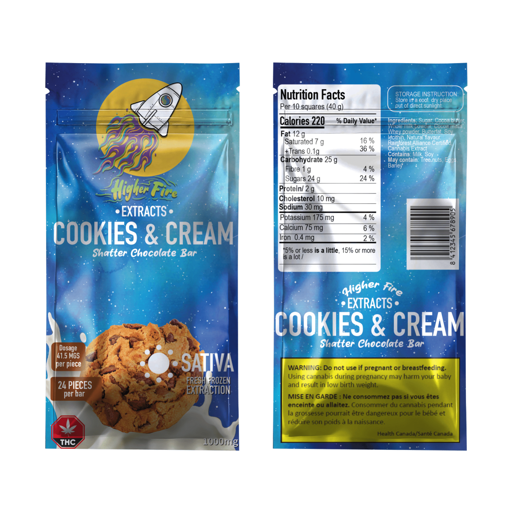 Higher Fire Extracts – Shatter Chocolate Bar – Cookies and Cream 1000mg THC (Sativa) Buy Higher Fire Extracts – Shatter Chocolate Bar – Cookies and Cream 1000mg THC (Sativa) online Canada