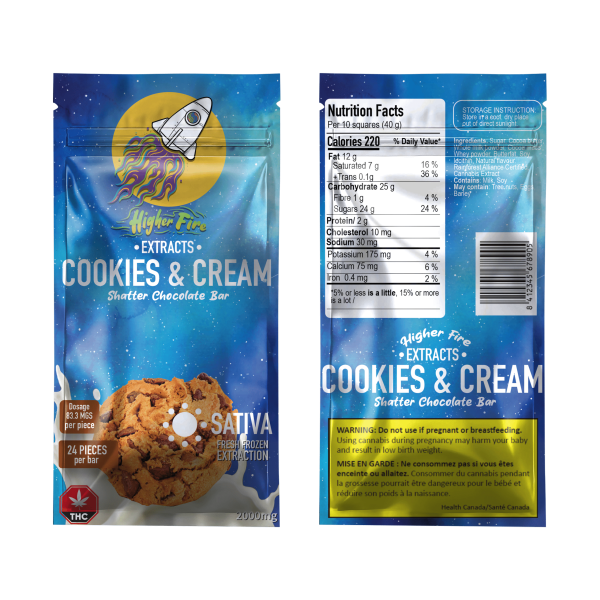 Buy Higher Fire Extracts – Shatter Chocolate Bar – Cookies and Cream 2000mg THC (Sativa) online Canada