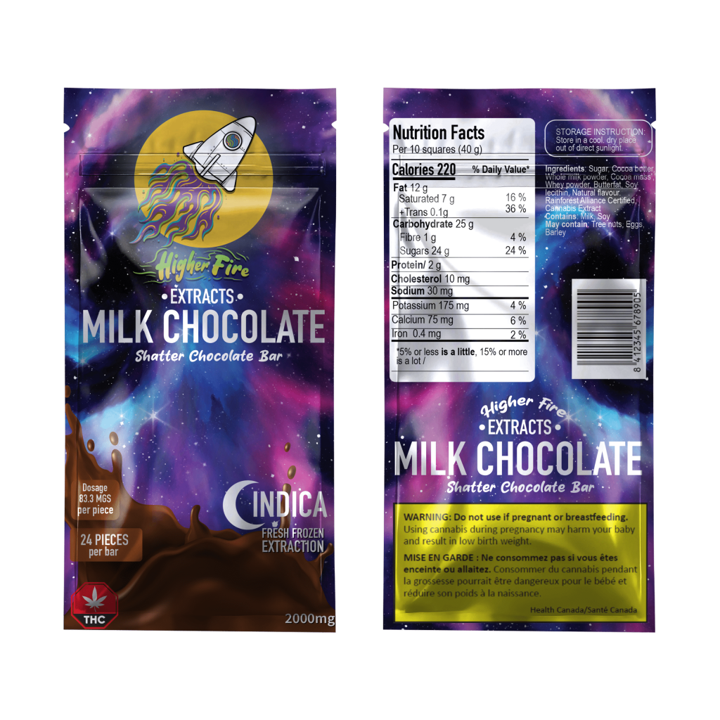 Buy Higher Fire Extracts – Shatter Chocolate Bar – Milk Chocolate 2000mg THC (Indica) online Canada