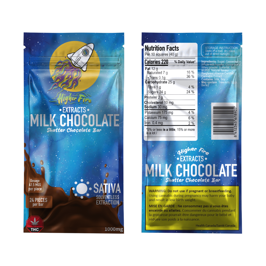 Buy Higher Fire Extracts – Shatter Chocolate Bar – Milk 1000mg THC (Sativa) online Canada