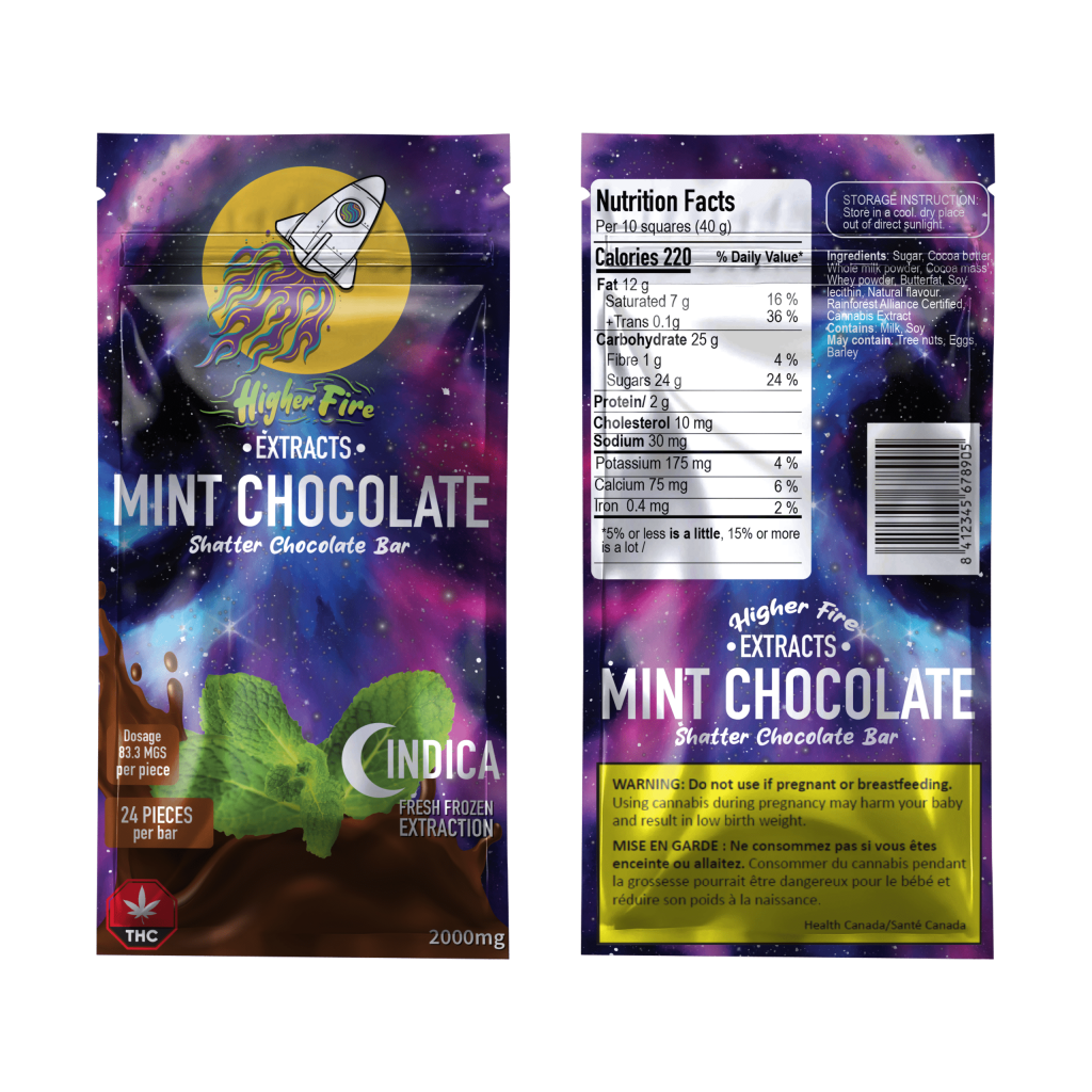 Buy Higher Fire Extracts – Shatter Chocolate Bar – Mint 2000mg THC (Indica) online Canada