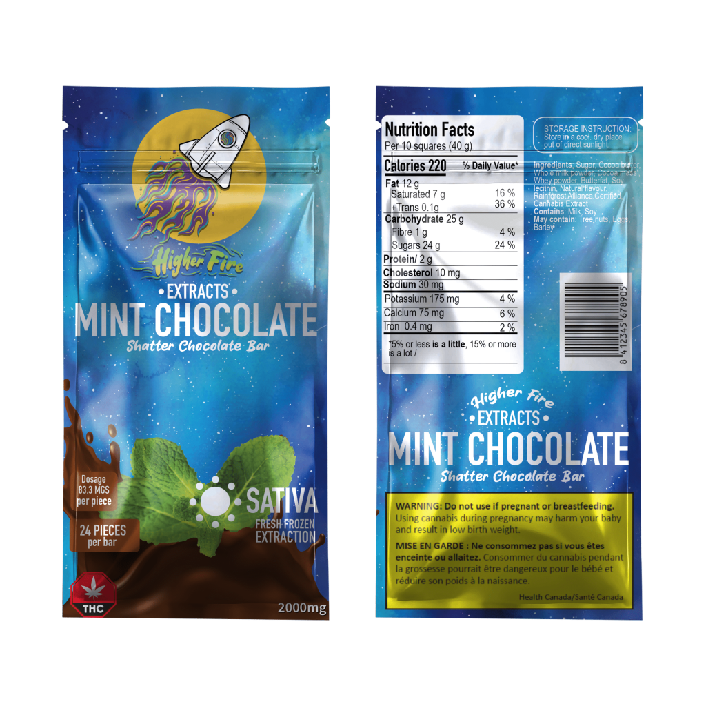 Buy Higher Fire Extracts – Shatter Chocolate Bar – Mint 2000mg THC (Sativa) online Canada