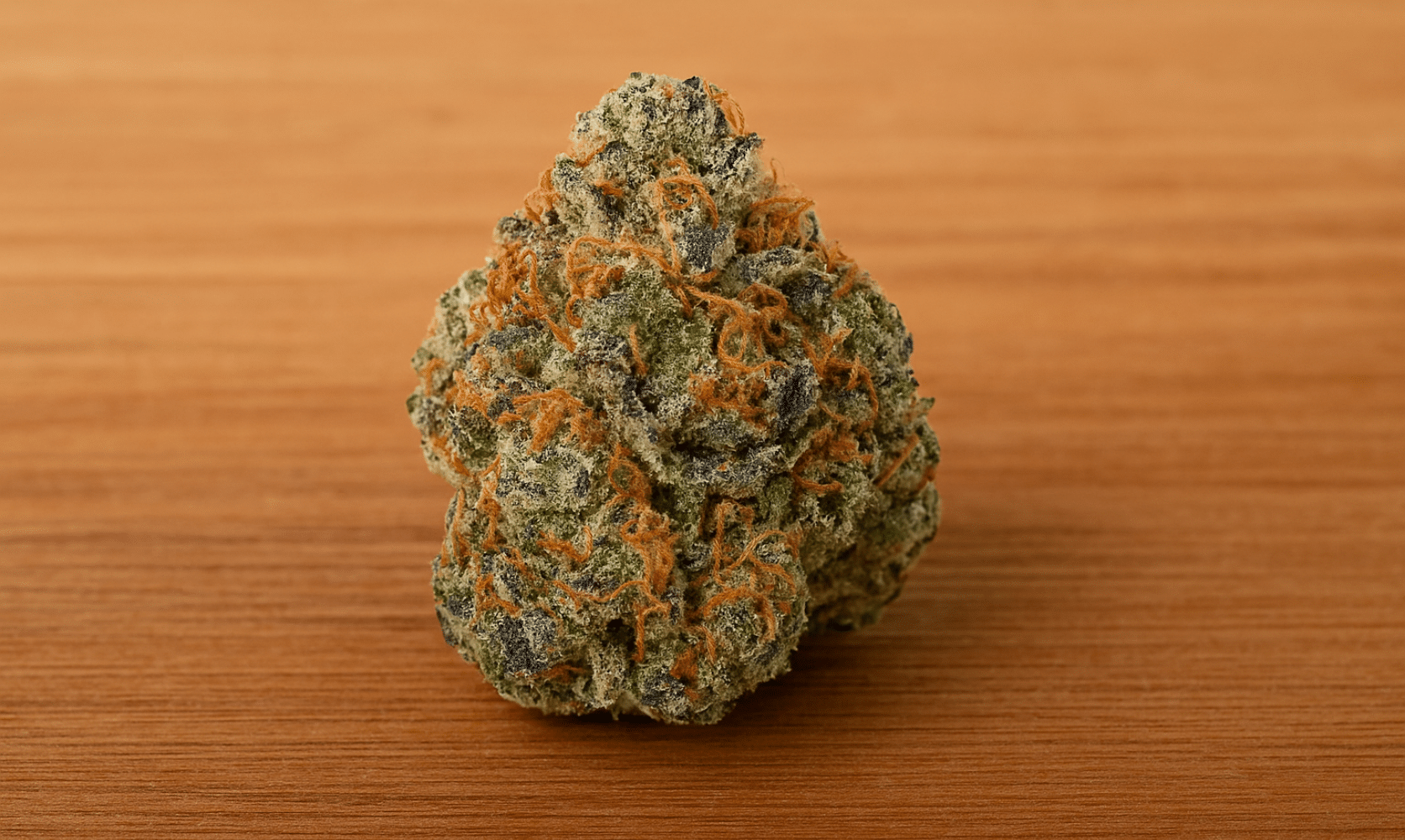 Close-up of a frosty OG Kush cannabis bud with vibrant orange hairs on a wooden surface – OG Kush strain review