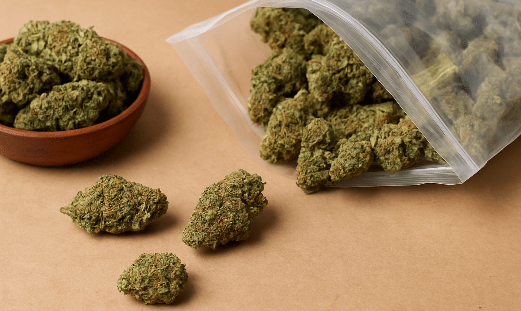 Open bag and bowl filled with cannabis buds on brown background, illustrating the smart choice to buy bulk weed and stay stocked