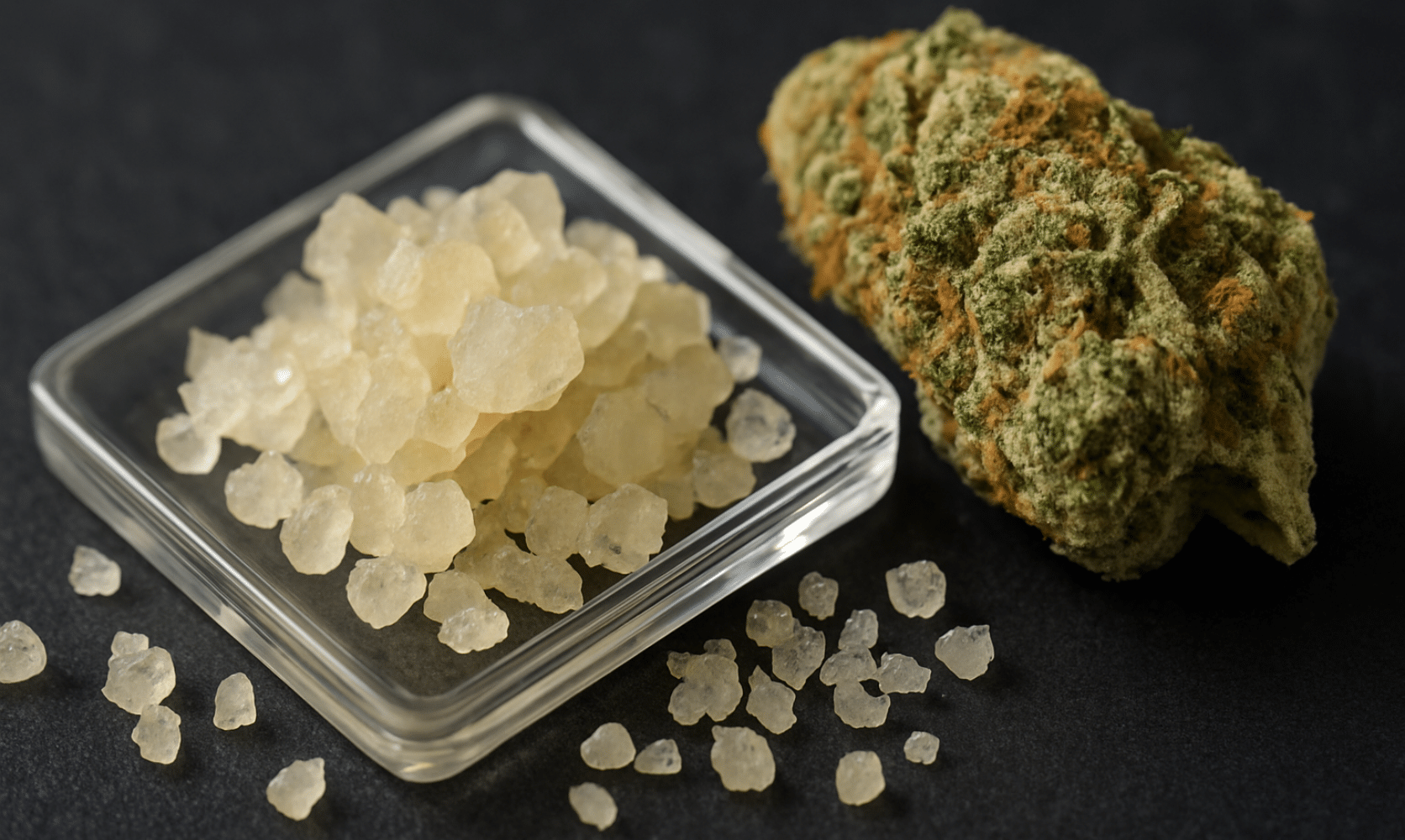 Close-up of THCA diamonds beside a cannabis bud, showcasing the purity and potency of THCA diamonds as top-tier concentrates
