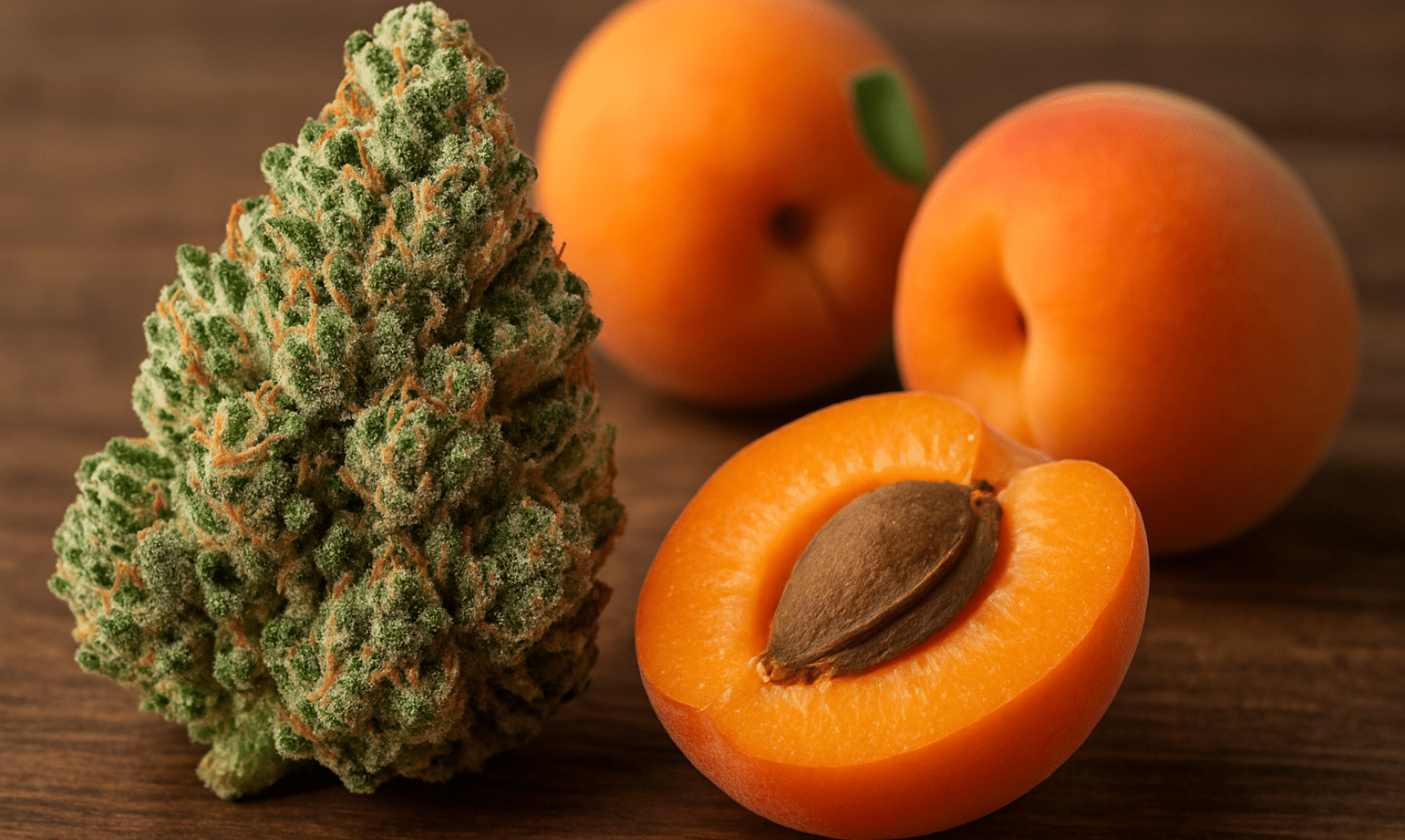 Apricot Jelly strain nug beside ripe apricots, showcasing its fruity aroma and vibrant sativa profile