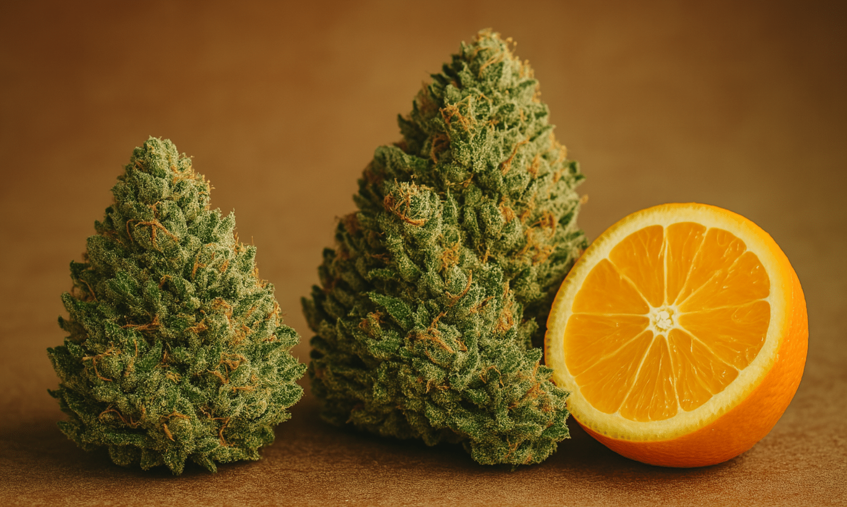 Two dense cannabis buds next to a sliced orange, representing the vibrant, citrusy aroma and energizing effects of the Agent Orange strain