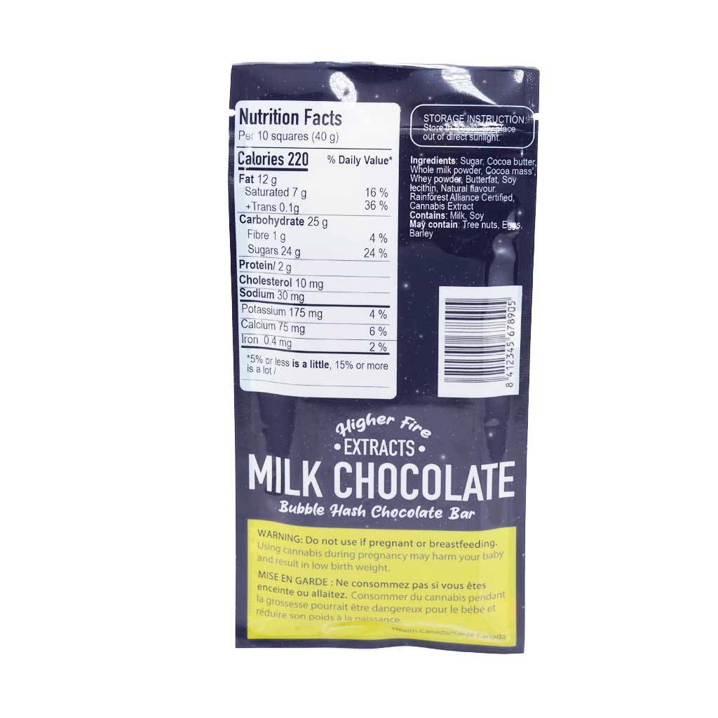 Buy Higher Fire Extracts – Bubble Hash Chocolate Bar – Milk 1000mg THC online Canada