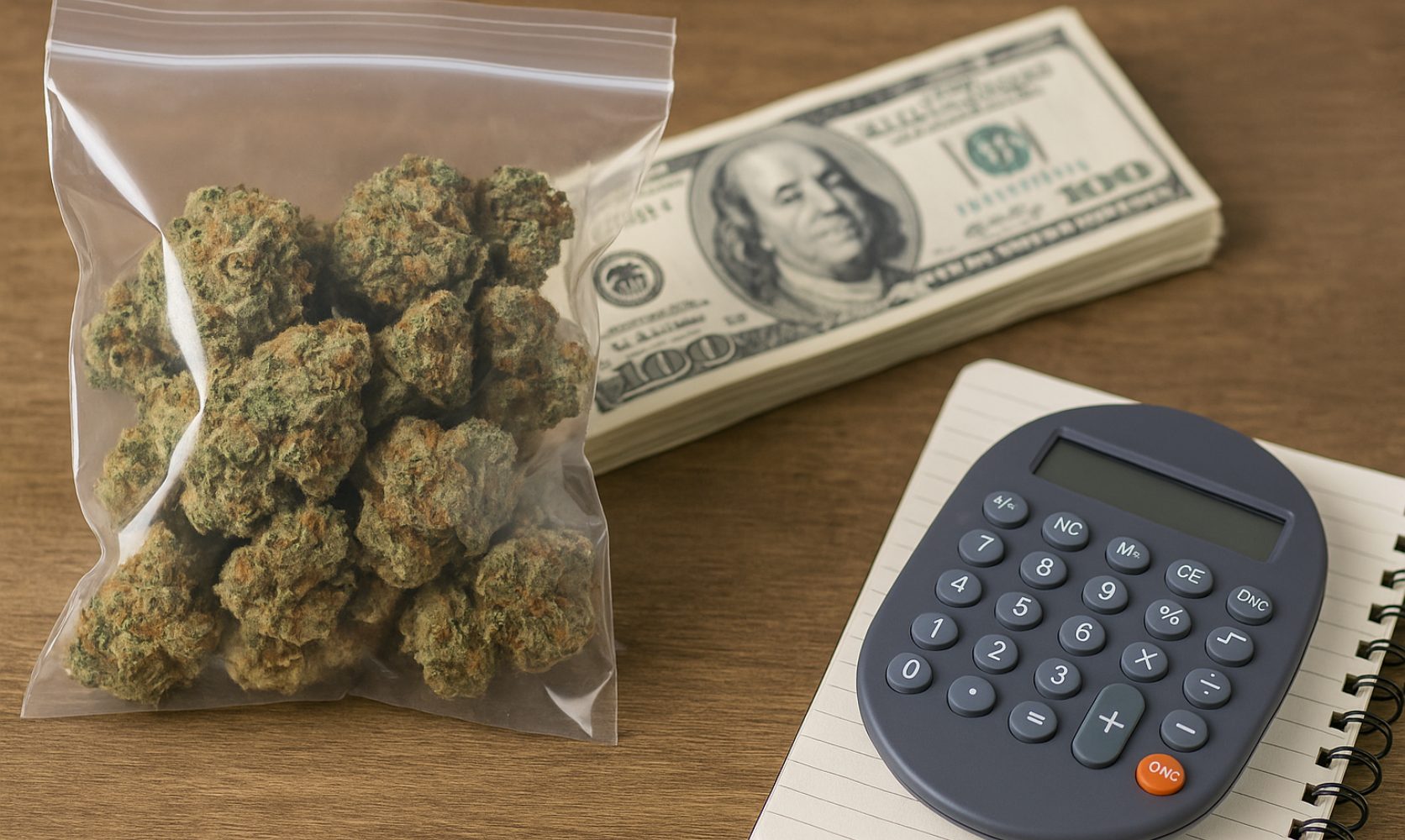 Bag of cannabis next to cash and calculator, representing a breakdown of weed ounce cost, weight in grams, and value assessment