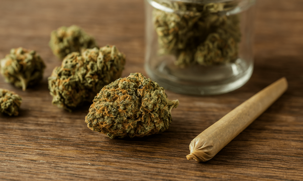 Apple Fritter cannabis strain with dense buds, baked goods aroma, and a high that lasts for hours