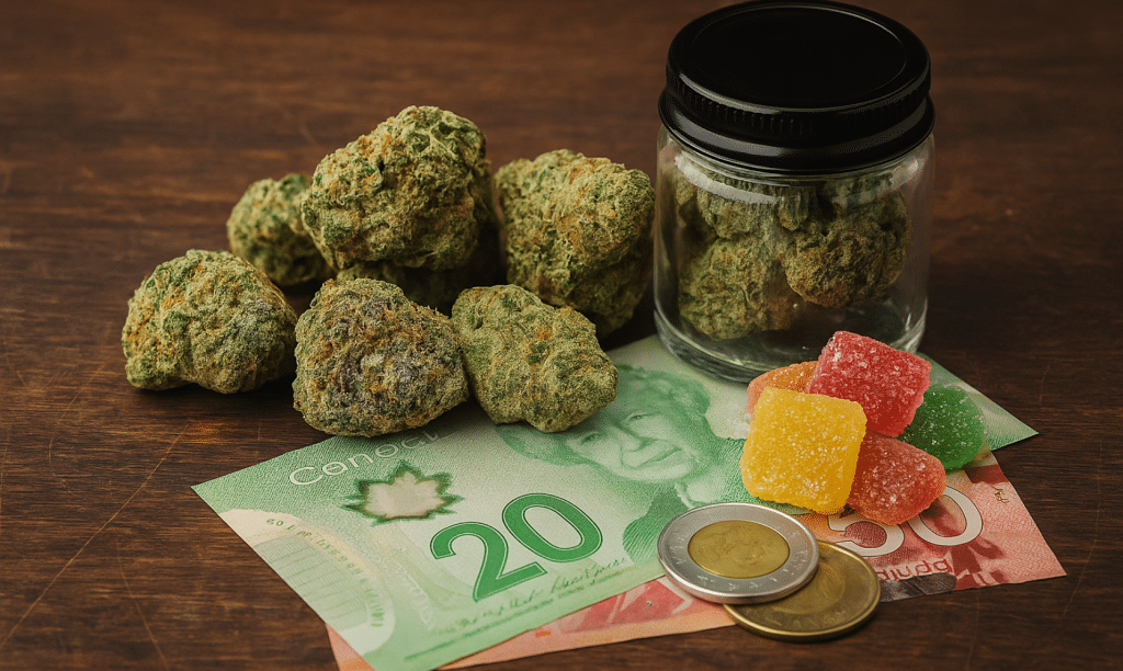 Bargain Budz deals in Canada with cannabis flower, edibles, and money showing affordable weed options