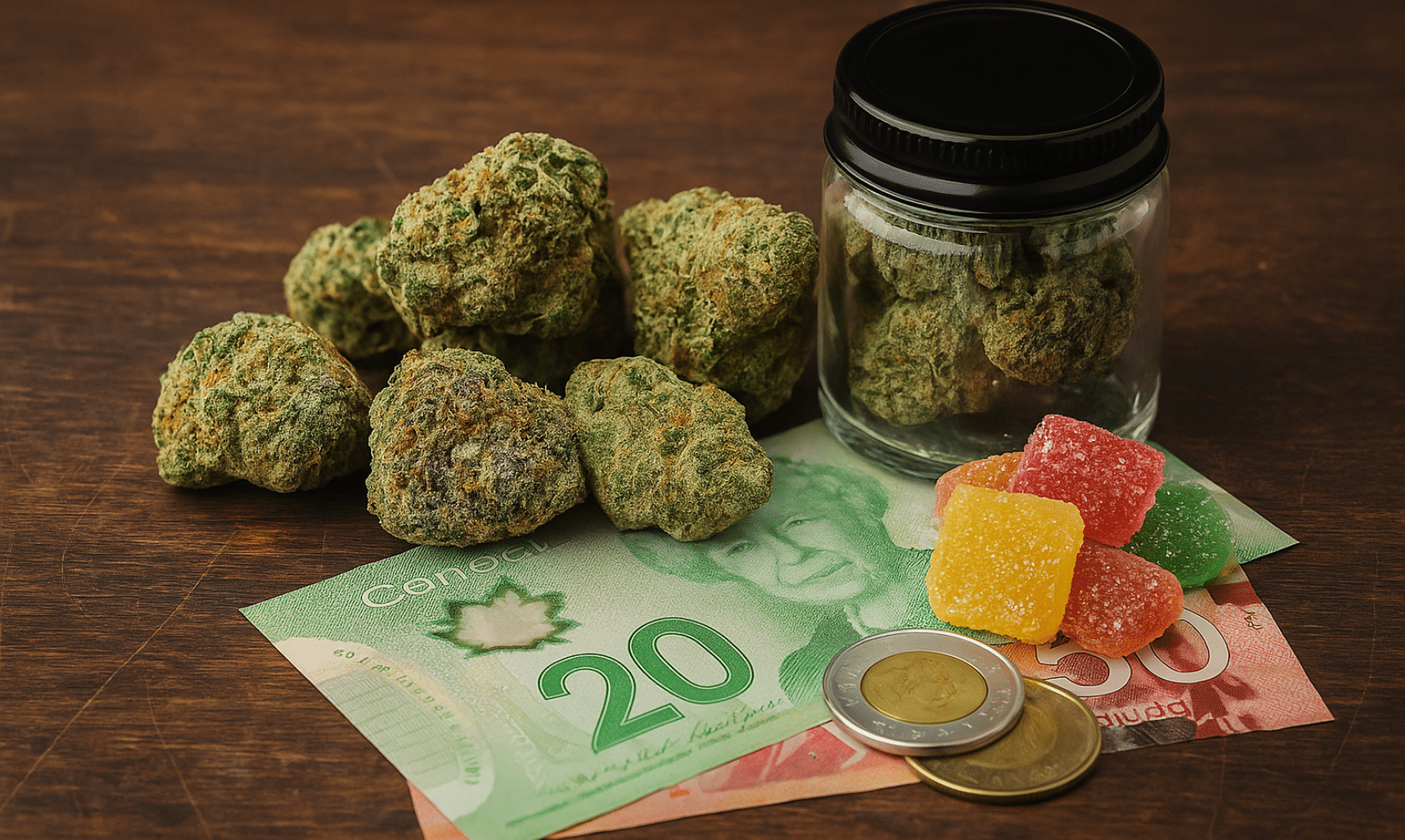 Bargain Budz deals in Canada with cannabis flower, edibles, and money showing affordable weed options