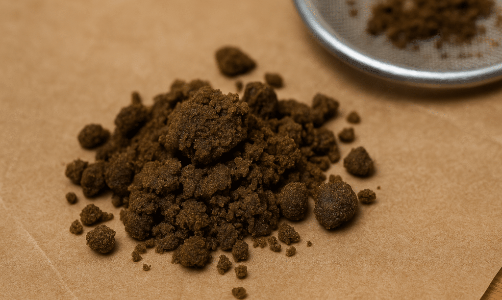 Close-up of bubble hash chunks on parchment paper with a strainer in the background