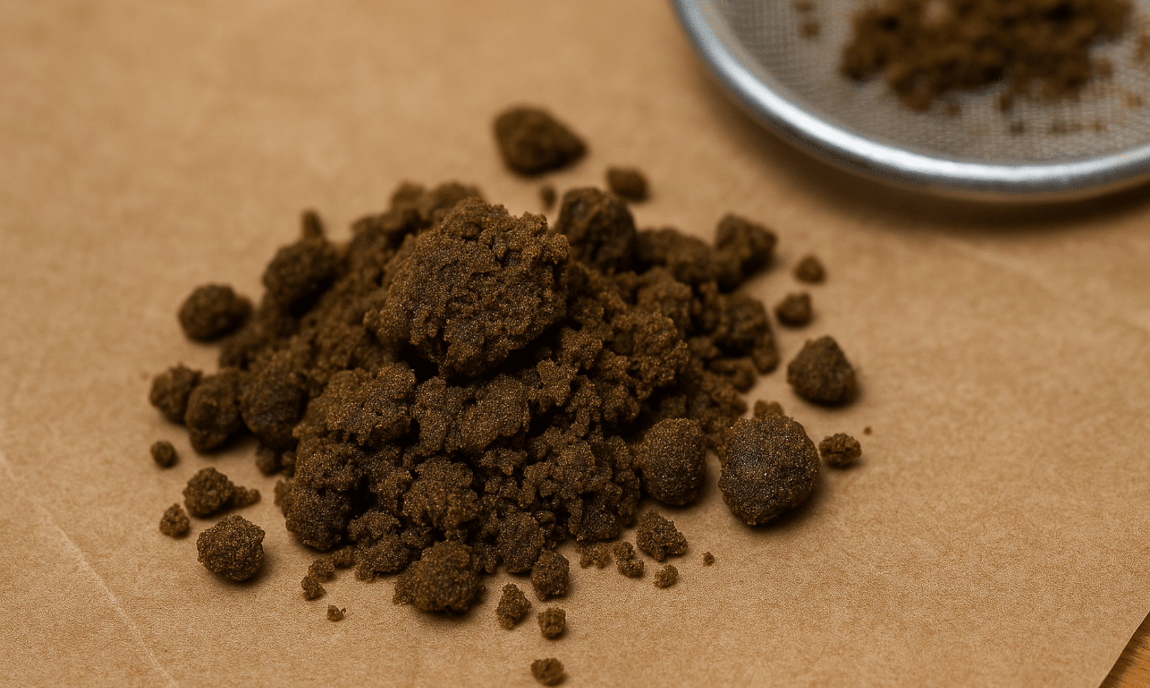 Close-up of bubble hash chunks on parchment paper with a strainer in the background