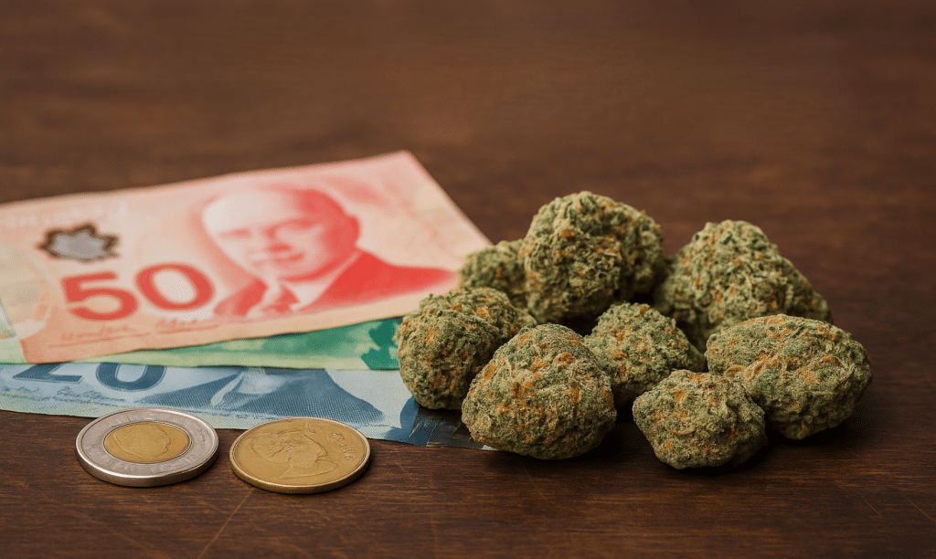 Fruity Pebbles cannabis buds with THC levels ranging from 18% to 25% displayed on text