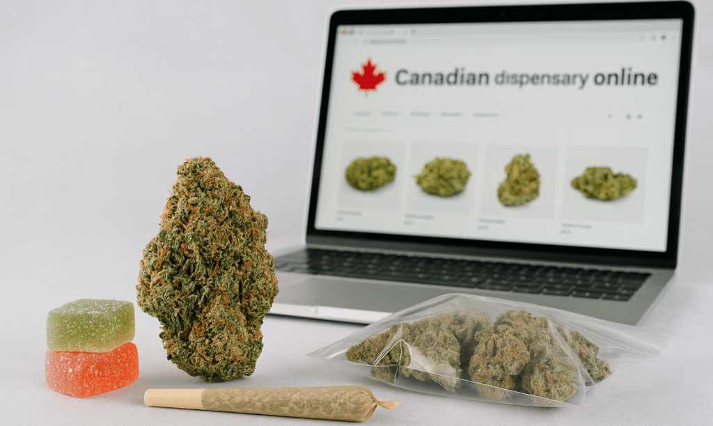 Online Canadian dispensary with cannabis flower, edibles, and pre-rolls in front of laptop store page