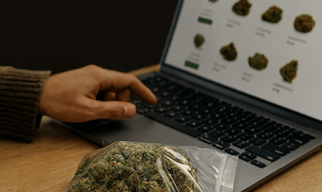 Man browsing cannabis online shop on laptop with a bag of marijuana buds on desk, showing product selection for safe ordering
