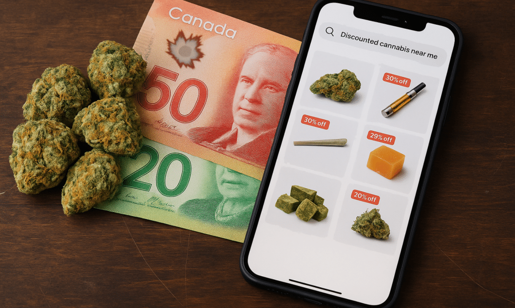 Discounted cannabis near me with Canadian cash and smartphone showing online deals on top strains and products