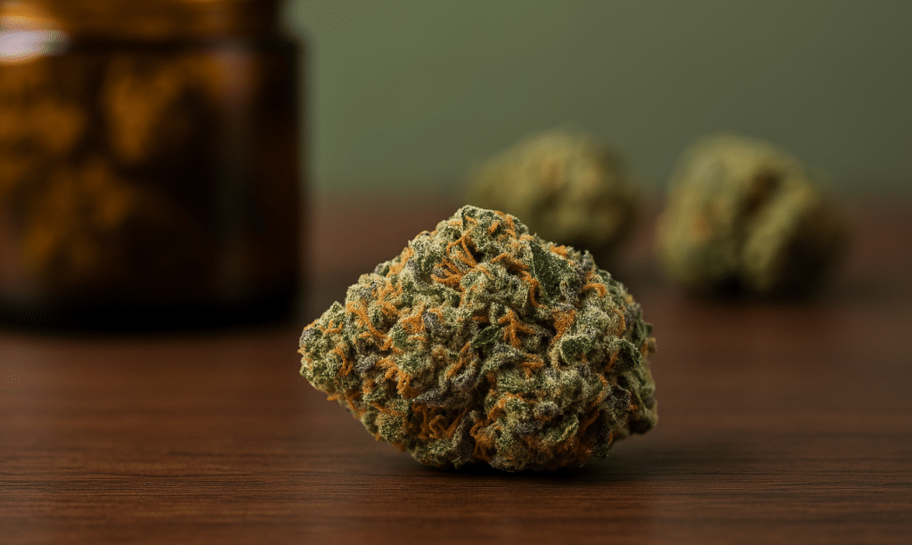 Dense Gods Green Crack cannabis bud with orange hairs and frosty trichomes, highlighting its earthy and citrusy appeal