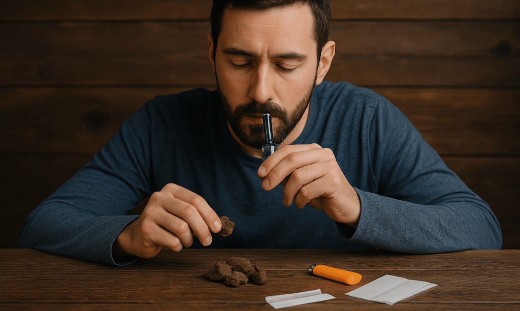 Man preparing to smoke hash with pipe, lighter, and rolling papers on wooden table