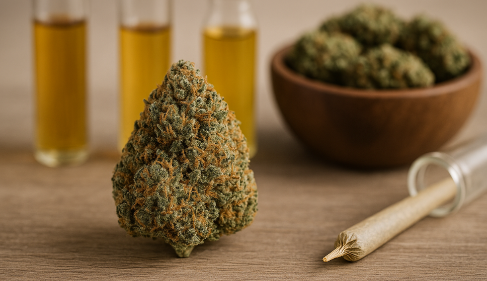 Close-up of a marijuana bud with a pre-roll, cannabis oils, and a bowl of buds in the background