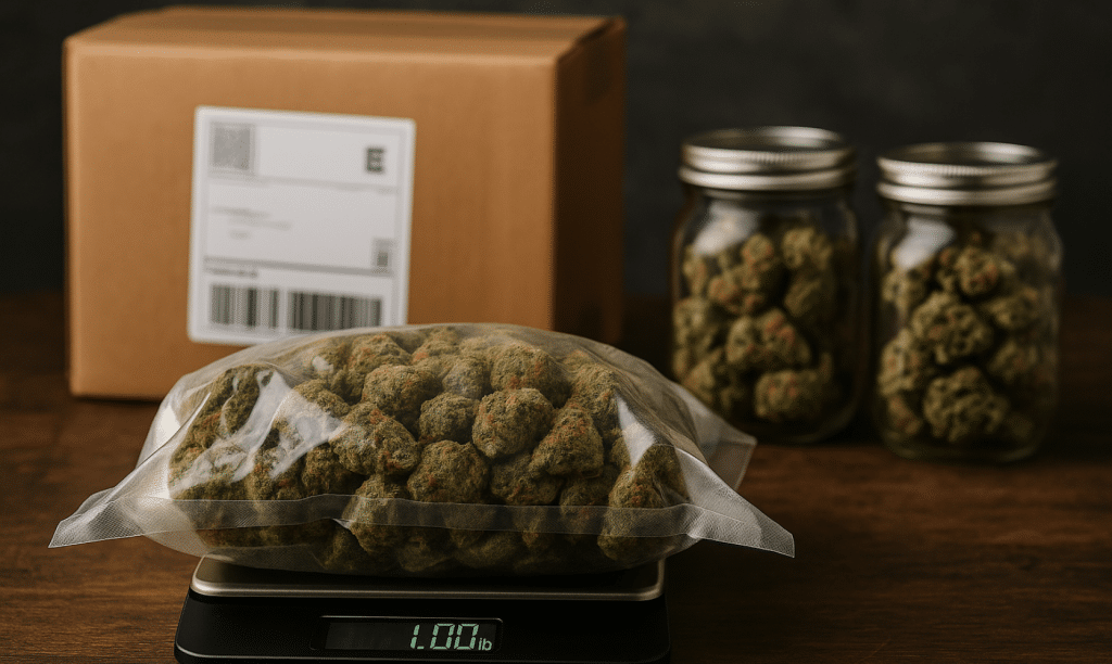 Vacuum-sealed pound of cannabis buds on scale with jars and delivery box in background