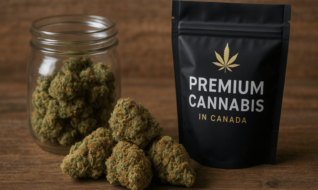 Premium cannabis in Canada displayed in glass jar and branded bag, highlighting small-batch quality buds