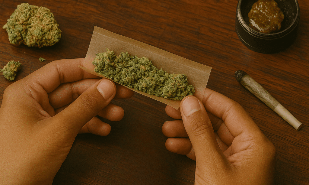 Hands rolling dank weed joint with sticky trichomes and skunky terps on wooden table