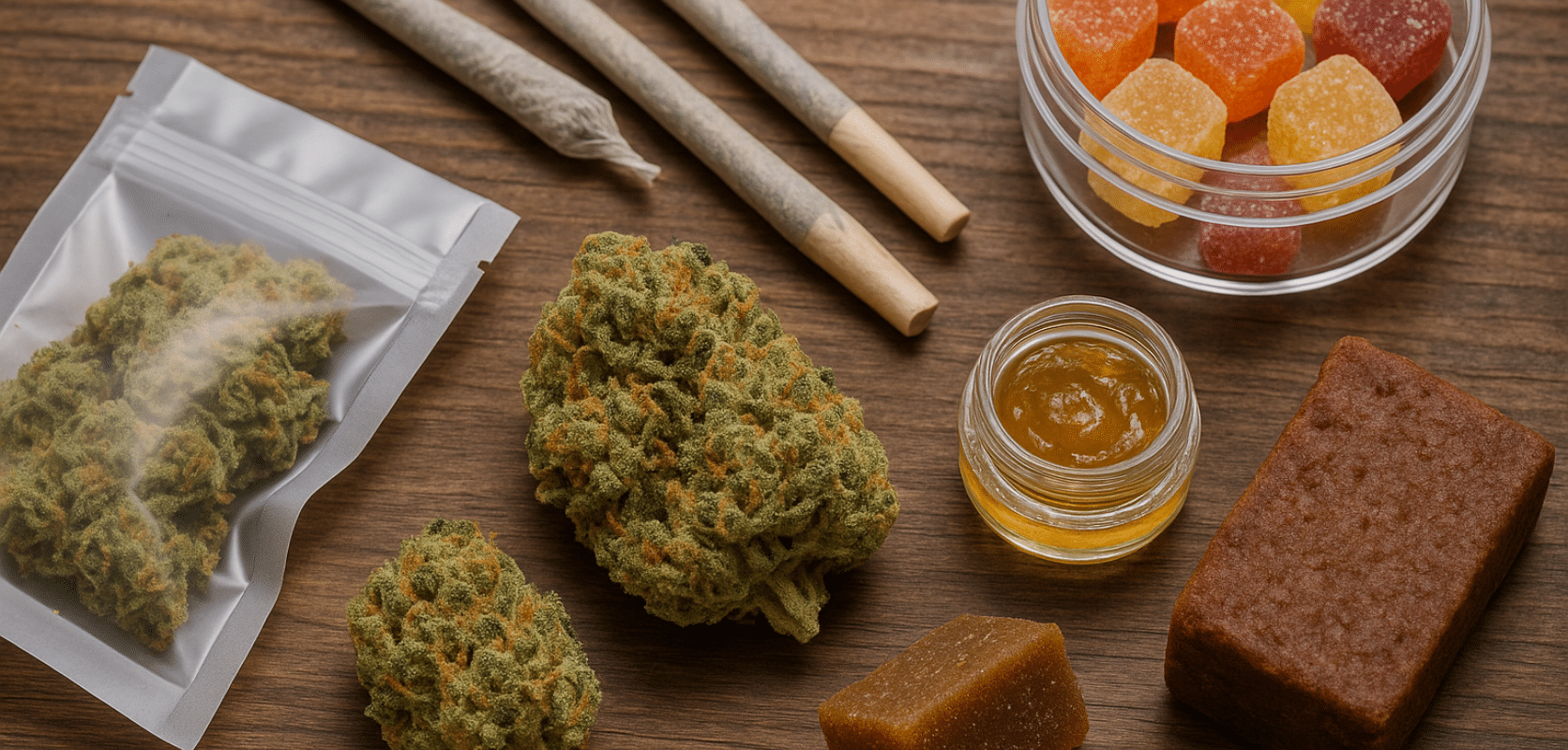 Various canna wholesale products including buds, pre-rolls, edibles, concentrates, and gummies on display